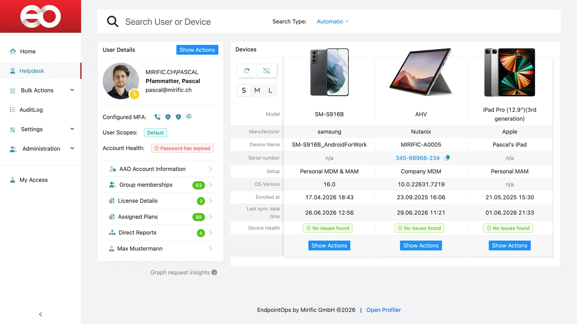 EndpointOps — search any user or device, read device health at a glance, and run Intune actions from one workspace